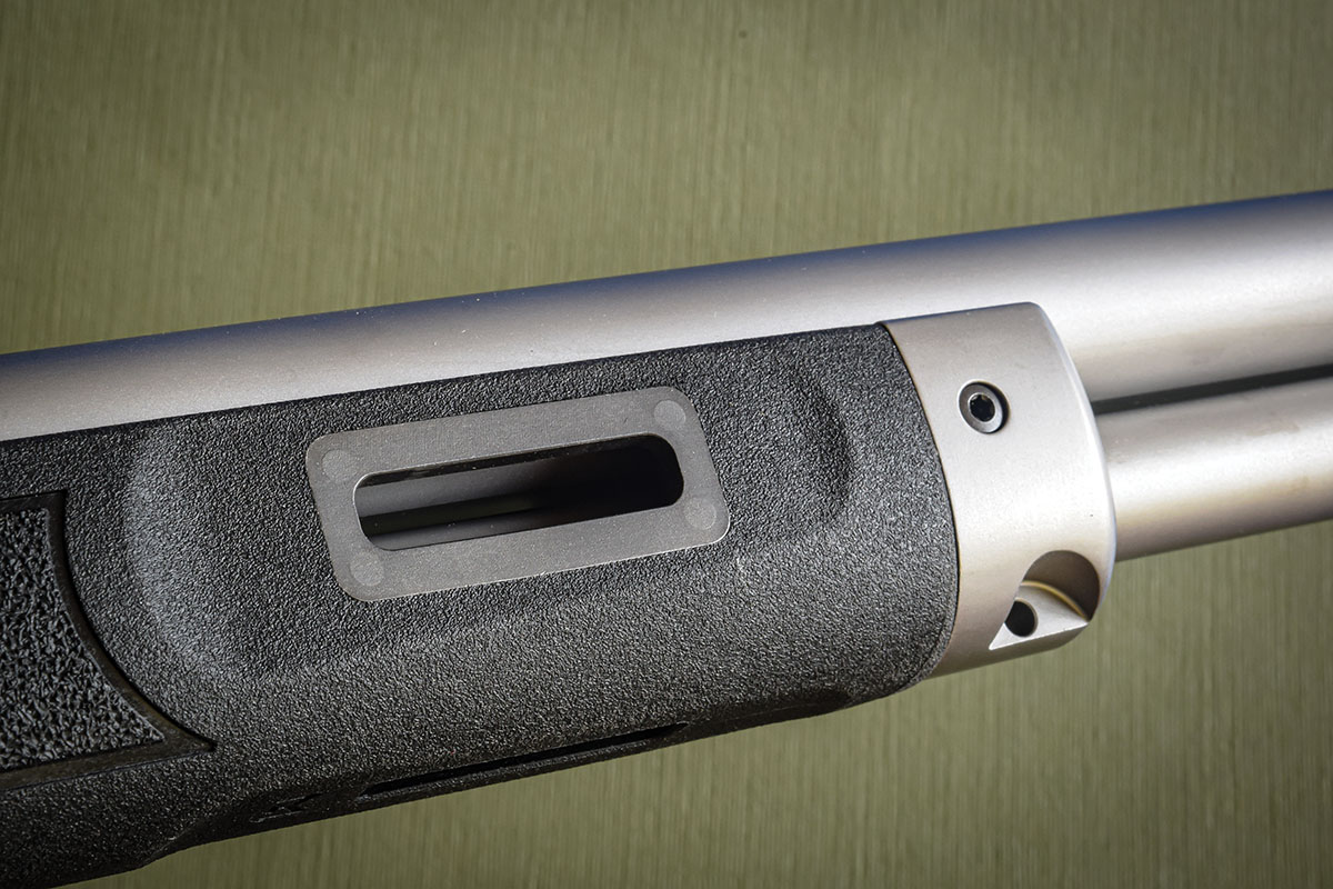 The slots don’t interfere with handling, enhanced by generous stippling. A neat, recessed sling swivel stud is part of the forend cap. It pairs with a standard QD stud in the buttstock.